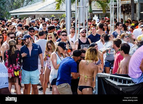Miami Beach Florida Music Week Hotel Pool Party Crowd Standing Stock