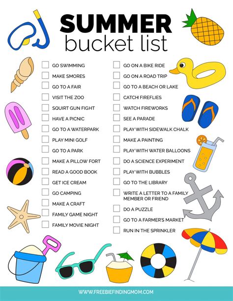 Fun Summer Bucket List Ideas For Kids Template Printable Freebie