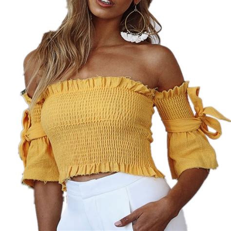Sexy Off Shoulder Solid Crop Tops Women Ruffles Backless Flare Sleeve