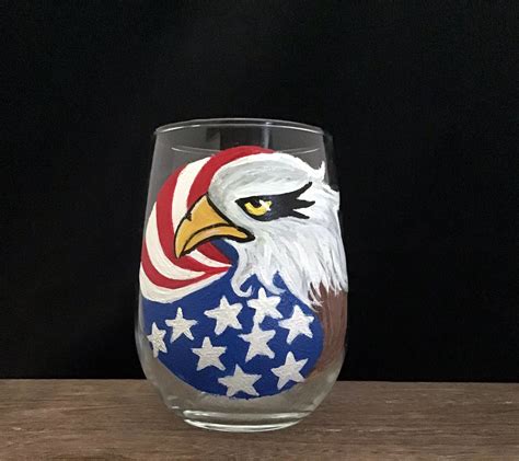 American Eagle Stemless Wine Glass Hand Painted Eagle Wine Etsy Hand Painted Wine Glasses