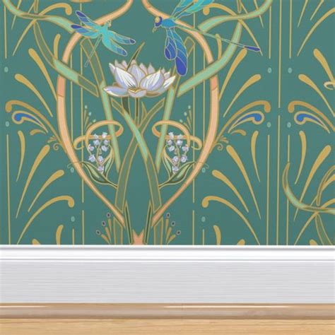 Art Nouveau Dragonflies Med Cool Green Wallpaper Spoonflower