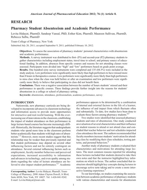 Pdf Pharmacy Student Absenteeism And Academic Performance