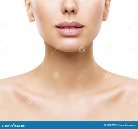 Lips Woman Face Beauty Mouth And Neck Skin Closeup Women Skin Stock
