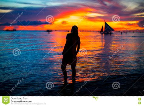 Young Woman At Tropical Beach In Beautiful Sunset Stock Image Image