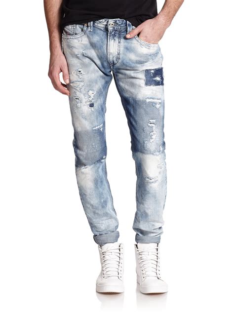 Lyst Diesel Thavar Distressed Patchwork Slim Fit Jeans In Blue For Men