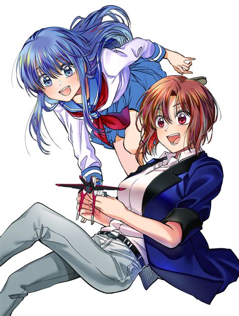 Safebooru 2girls Absurdres Aile Strike Gundam Blue Eyes Blue Hair Blue Jacket Blue Skirt