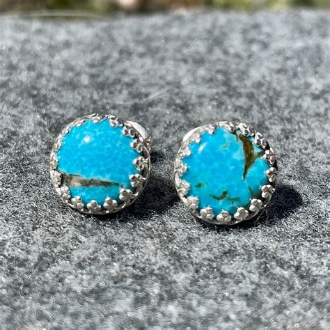 Genuine Turquoise Stud Earrings Blue Stone Earrings With Etsy