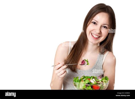 Woman Eating Salad Stock Photo Alamy