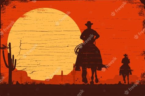 Premium Vector Silhouette Of Cowboys Riding Horses At Sunset On A