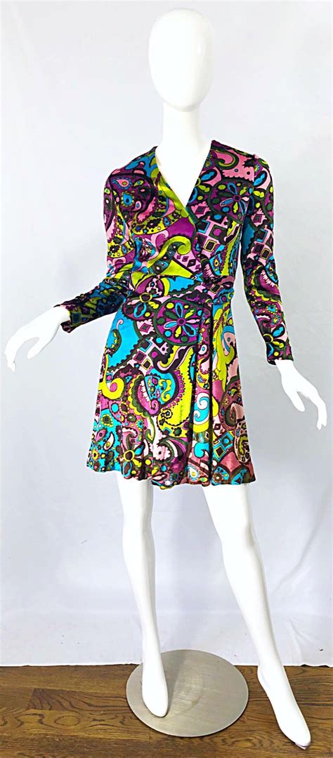 1970s psychedelic paisley print colorful velour vintage 70s wrap dress for sale at 1stdibs
