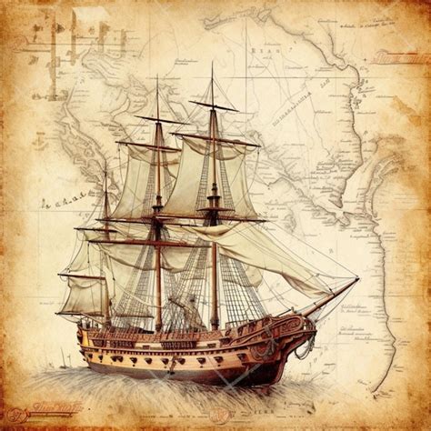 Barco Pirata Antiguo Mapa N Utico Fondo Pintura Obra De Arte Imagen