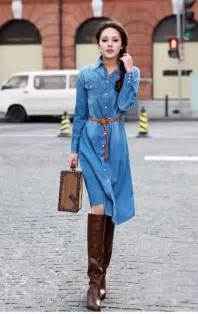 Free Shipping Women Casual Lapel Collar Button Long Denim Dress With Blet Pocket Blue Jean