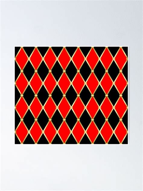 Harlequin Pattern Of Rhombuses Red And Black Diamonds In Golden Grid