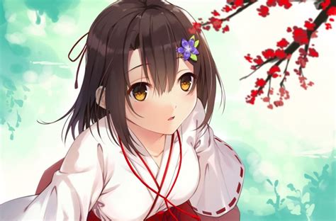 Download 2880x1800 Miko Anime Girl Short Brown Hair Japanese Clothes Branch Wallpapers For