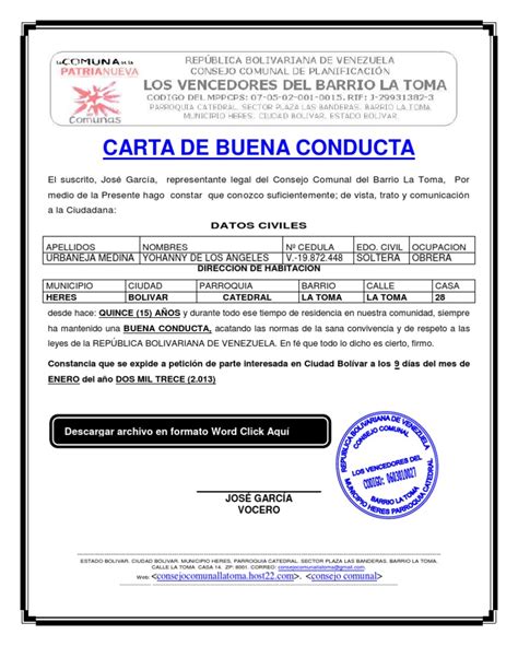 Formato Modelo Ejemplo Carta De Buena Conducta