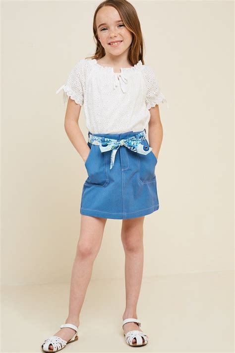 Contrast Tie Denim Mini Skirt Modeling Outfits Girls Fashion Tween