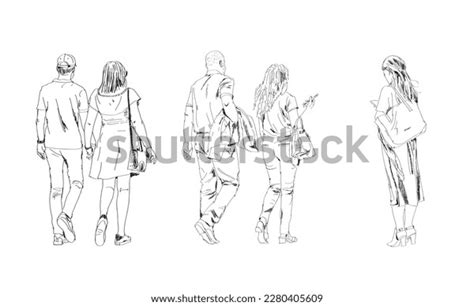 Sketch Walking People Young Men Women Stock Vector Royalty Free