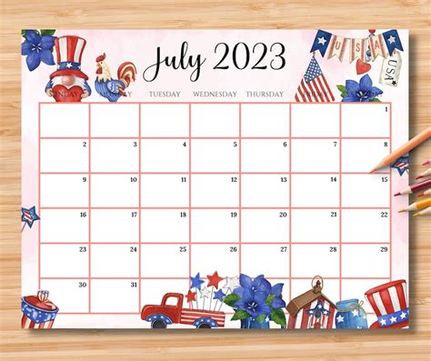 Editable July 2023 Calendar 4th Of July Independence Day Etsy Ireland