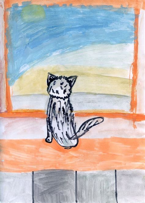 The Cat Looks Out The Window Drawing With Watercolors Stock