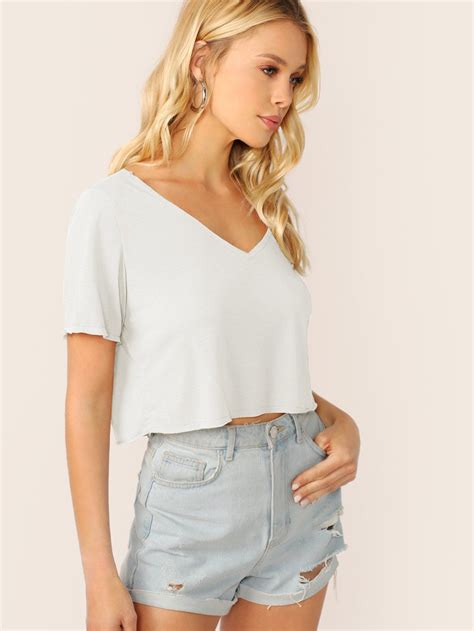 V Neck Solid Crop Boxy Tee Crop Top Outfits Boxy Crop Top Boxy Tee