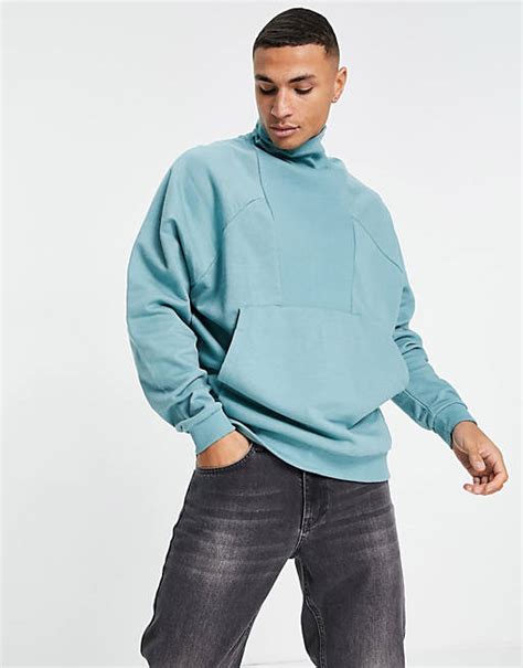 Asos Design Oversized Turtleneck Sweatshirt With Rib Panel In Pastel Blue Asos