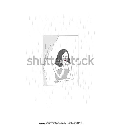 Cute Girl Window Rain Vector Illustration Stock Vector Royalty Free