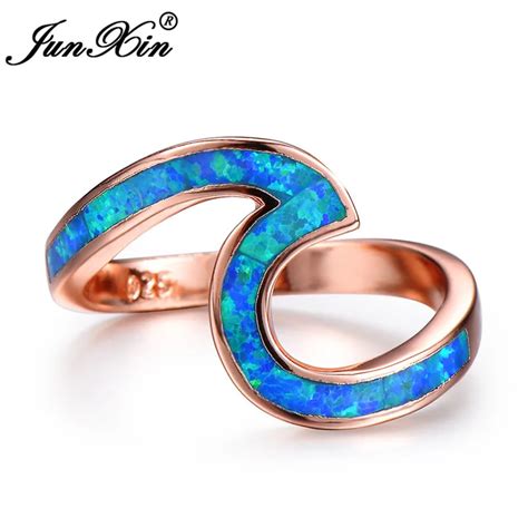Junxin Simple Ocean Wave Ring Blue Opal Sea Wedding Rings For Women Vintage Rose Gold Filled