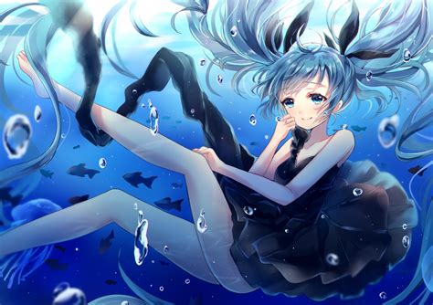 Aqua Eyes Barefoot Blue Hair Bubbles Deep Sea Girl Vocaloid Hatsune