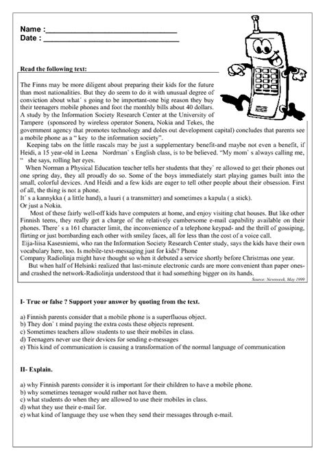 Mobile Phones Reading Comprehension My English Printable Worksheets