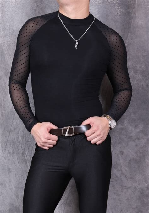 Buy Men See Through Sexy Shirt Mesh Dots Pattern Perspective Long Sleeve Black