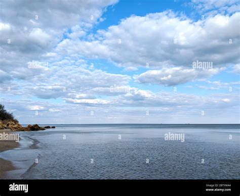Relaxing Seascape With Wide Horizon Of The Cloudy Sky And The Sea Stock