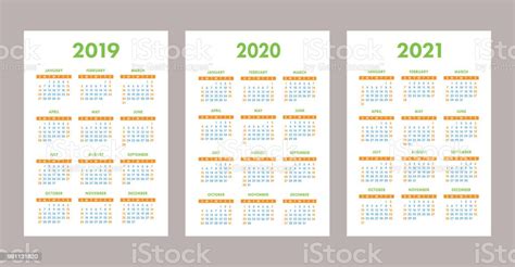 Vetores De Calendário 2019 2020 2021 Anos Conjunto De Vetores Coloridos