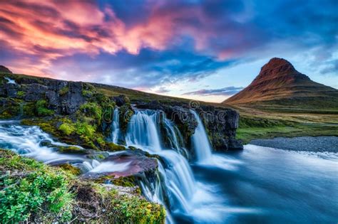 Iceland Landscape Summer Panorama Kirkjufell Mountain At Sunset With