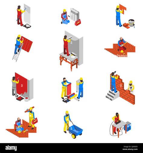 Builder People Isometric Icons Set With Equipment And Tools Isolated