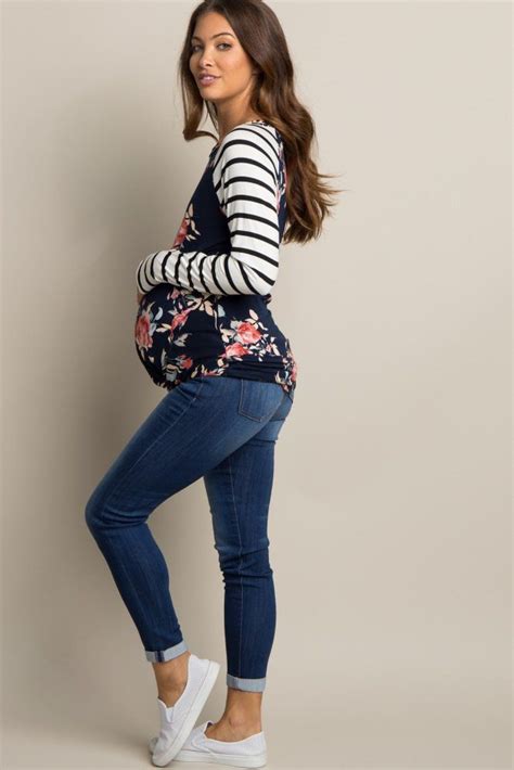Navy Blue Solid Cuffed Maternity Jean Maternity Jeans Skinny Jeans