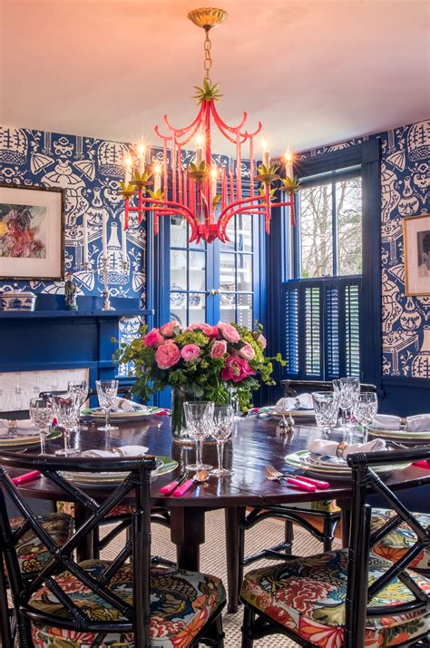 Meggie H Interiors Chinoiserie Blue And White Dining Room With Pink