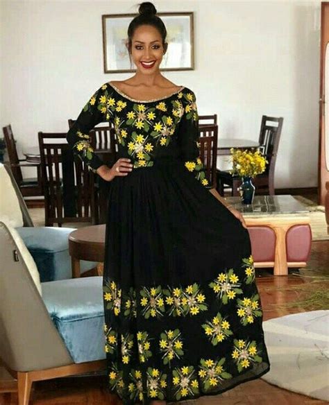 Black Habesha Kemis Dress With Floral Embroidery Ethiopian Wedding
