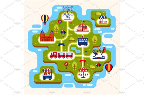 Map Of Amusement Park With Attractions People Illustrations
