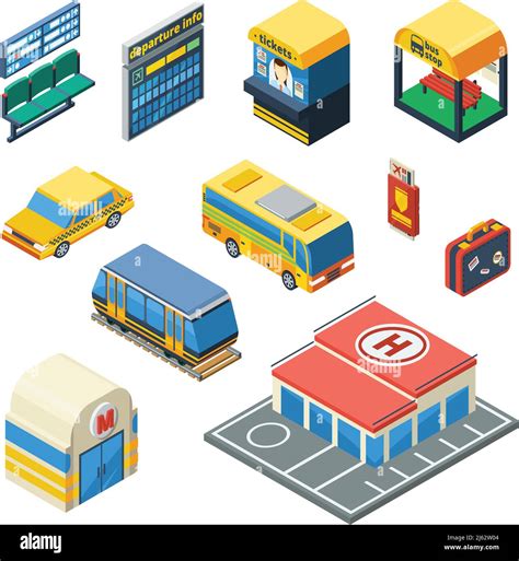 Passenger Transportation Isometric Icons Set Of Taxi Bus Tram Subway