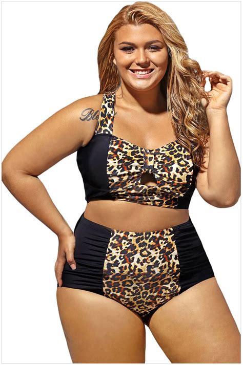 2018 Leopard Patchwork Print Swimsuits Plus Size Sexy Hollow Out Swimwear Halter Female