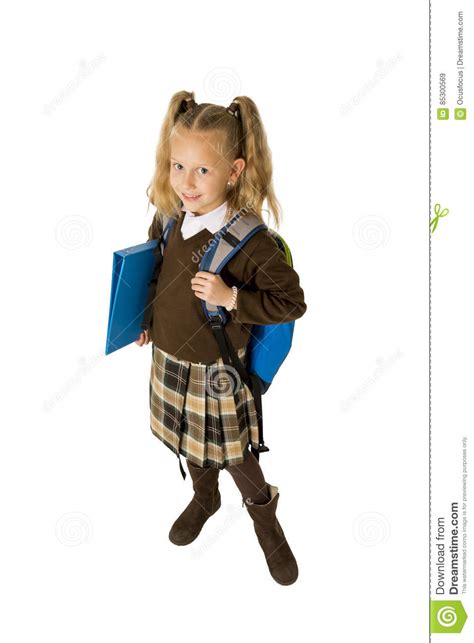 Little Blond School Girl With Backpack Bag Stock Photo Cartoondealer