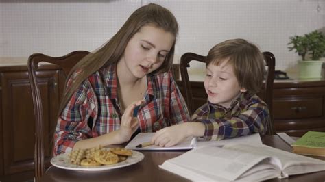 Older Sister And Younger Brother Doing Homework Together Sitting At The Table At Home The