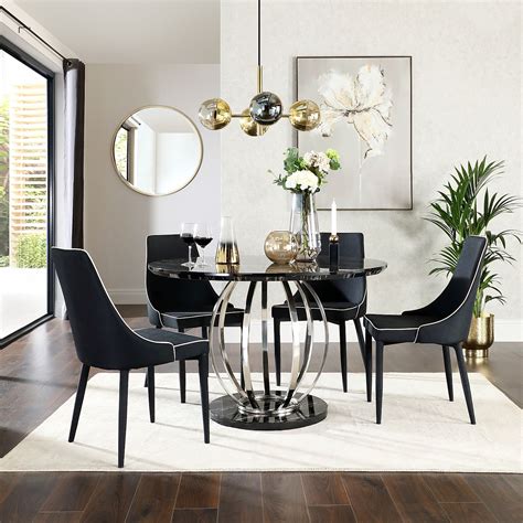 Illustration of tables and chairs. Savoy Round Black Marble and Chrome Dining Table with 4 ...