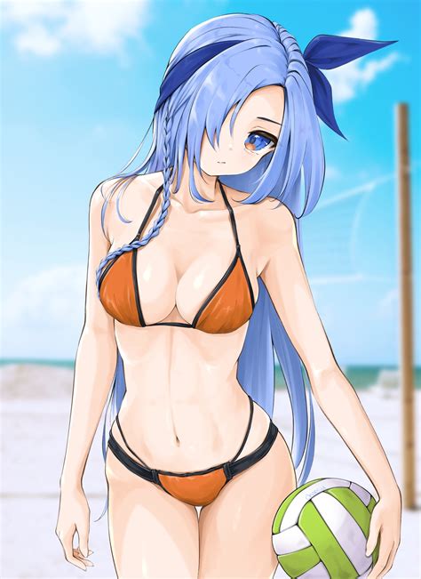 looking at viewer belly belly button blue hair blue eyes chaesu long hair cleavage anime