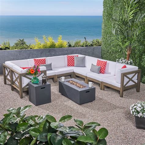 elisha outdoor 10 piece acacia wood sectional sofa set with cushions and fire pit gray white