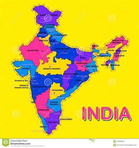 Detailed Map Of India Asia With All States And Country Boundary Stock