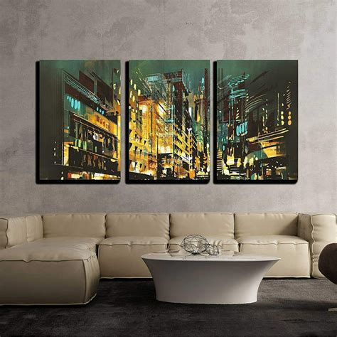 Wall26 3 Piece Canvas Wall Art Night Scene Cityscape Abstract Art Painting Modern Home