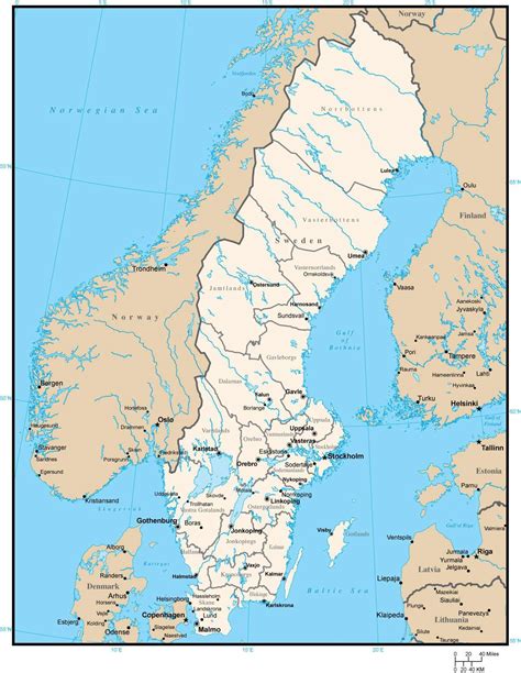 Sweden Map With County Areas And Capitals In Adobe Illustrator Format