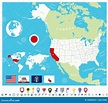 Ubicación De California En El Mapa De EE.UU. Con Banderas E Iconos De ...