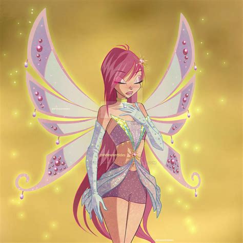 A Fairy With Pink Hair And Wings Standing In Front Of A Yellow Background